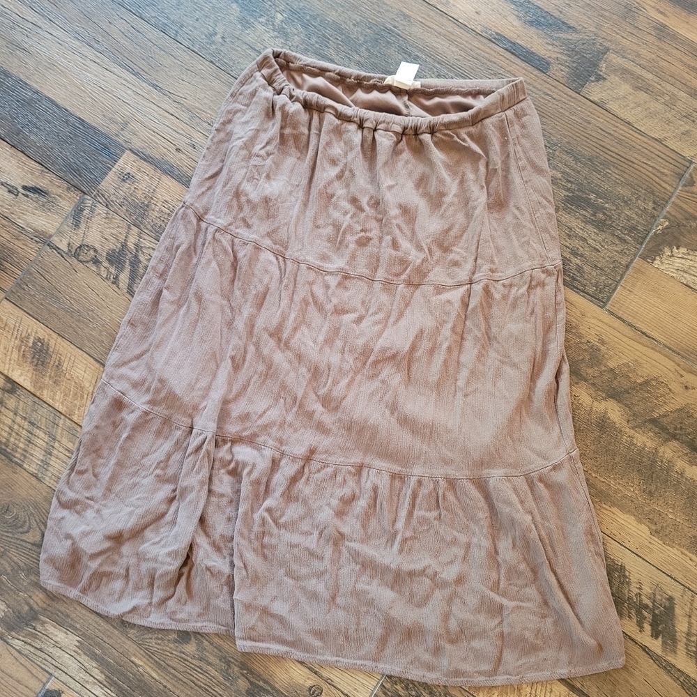 Love Blossom Women's Rayon Brown Tiered Midi Skirt Size Medium - Picture 2 of 6